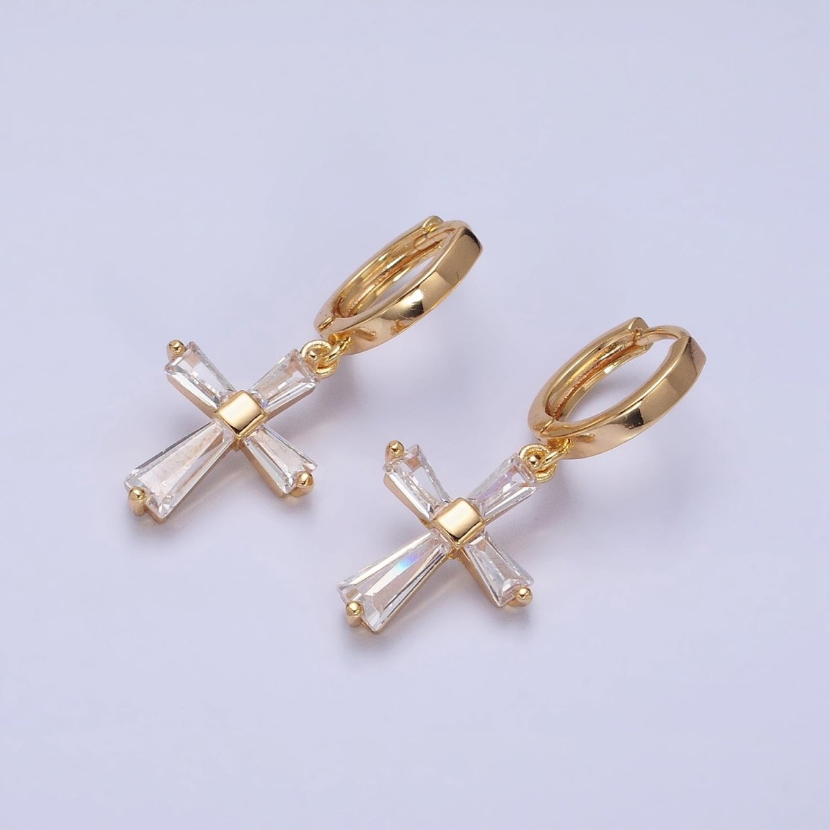 16K Gold Filled Clear, Pink CZ Baguette Religious Latin Cross Drop Huggie Earring in Gold & Silver | AD939 - AD942