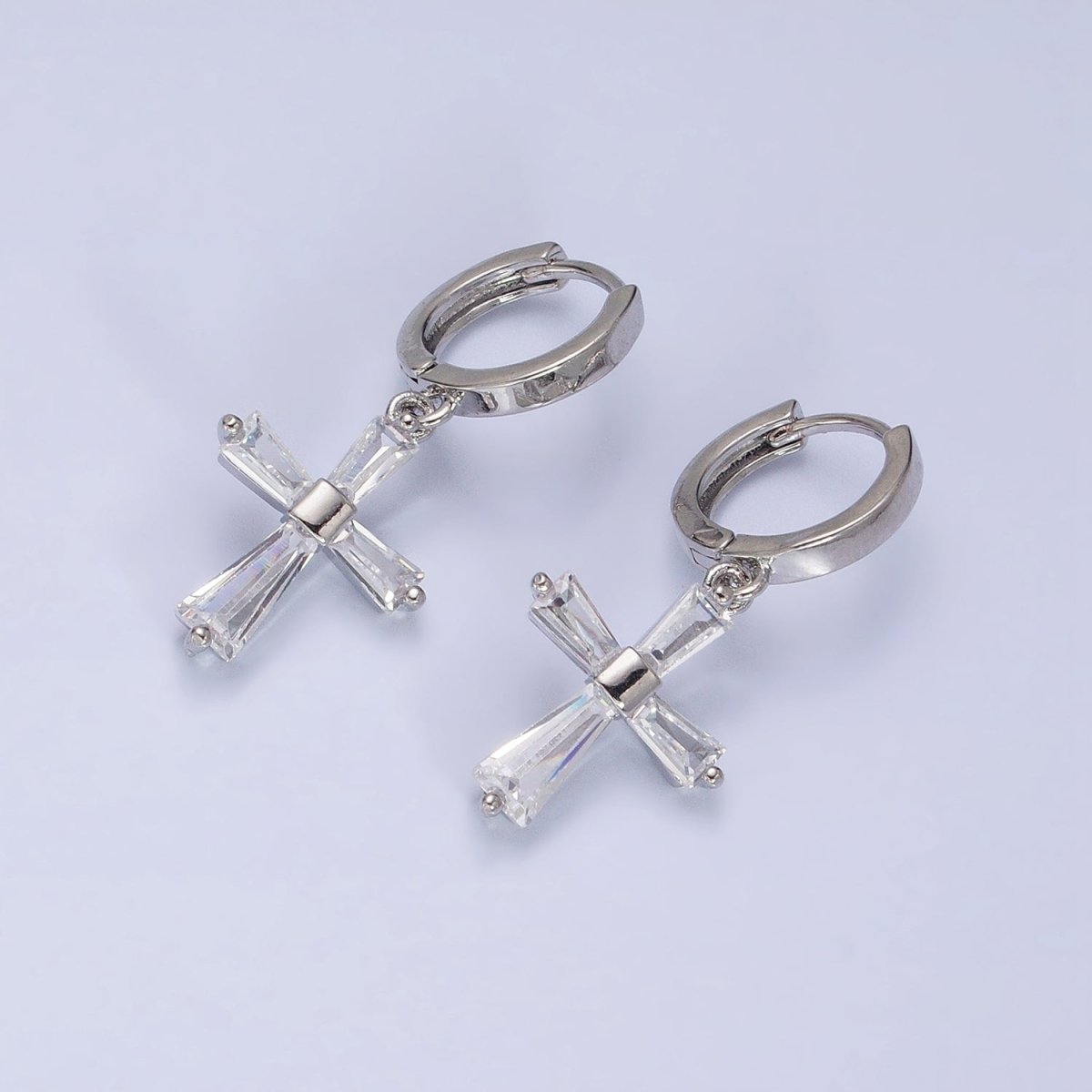 16K Gold Filled Clear, Pink CZ Baguette Religious Latin Cross Drop Huggie Earring in Gold & Silver | AD939 - AD942