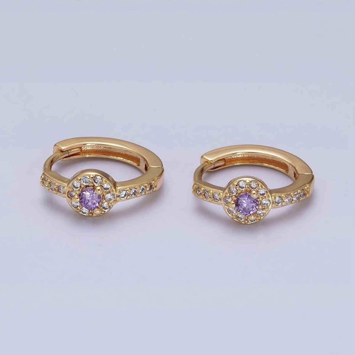 16K Gold Filled Clear, Purple Round CZ Micro Paved 13mm Huggie Earrings in Gold & Silver | AD854 - AD857