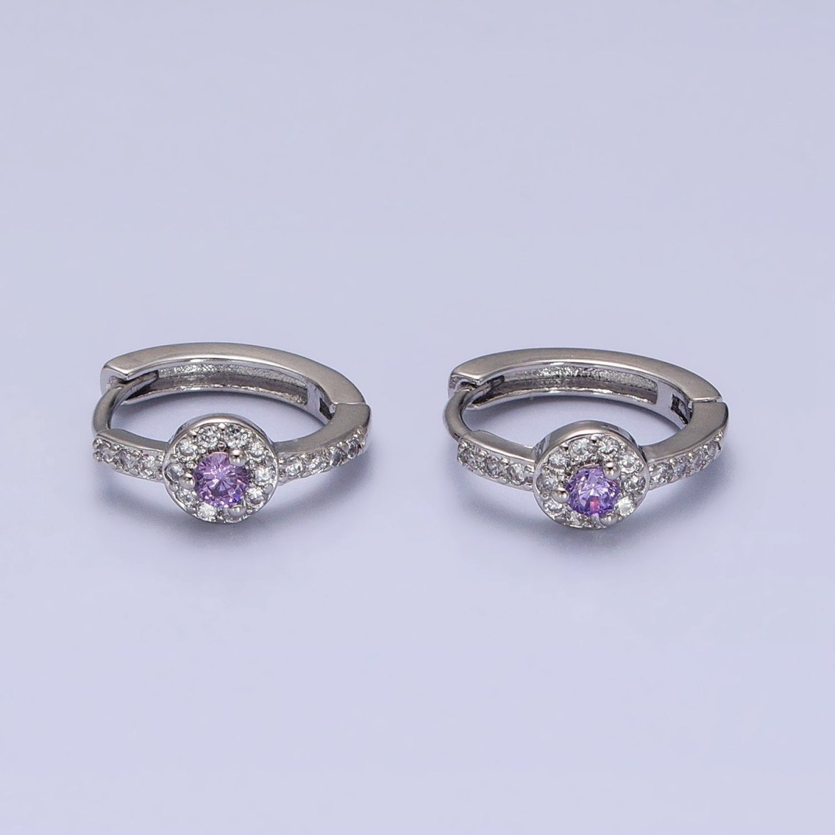 16K Gold Filled Clear, Purple Round CZ Micro Paved 13mm Huggie Earrings in Gold & Silver | AD854 - AD857