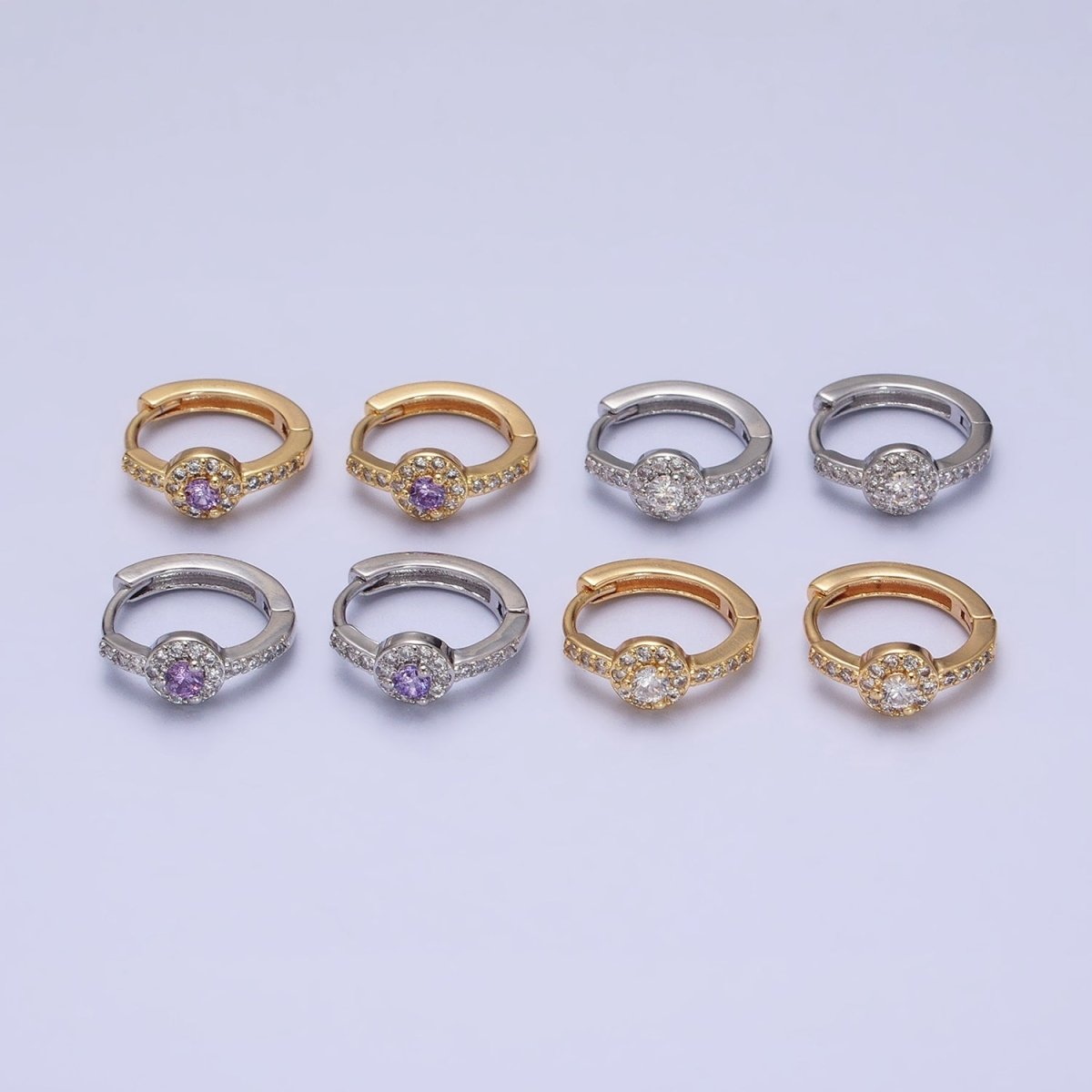 16K Gold Filled Clear, Purple Round CZ Micro Paved 13mm Huggie Earrings in Gold & Silver | AD854 - AD857