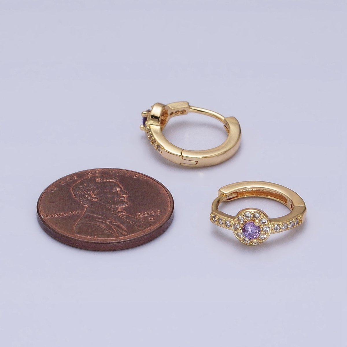16K Gold Filled Clear, Purple Round CZ Micro Paved 13mm Huggie Earrings in Gold & Silver | AD854 - AD857
