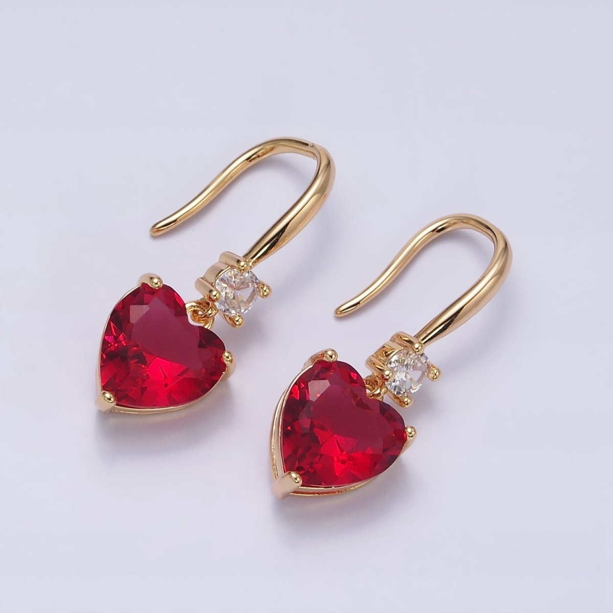 16K Gold Filled Clear, Red, Pink, Green, Blue Heart CZ French Hook Earrings in Gold & Silver | AD1213 - AD1222
