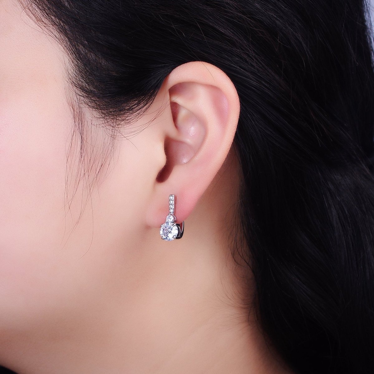 16K Gold Filled Clear Round CZ Micro Paved English Lock Earrings in Silver & Gold | AB653