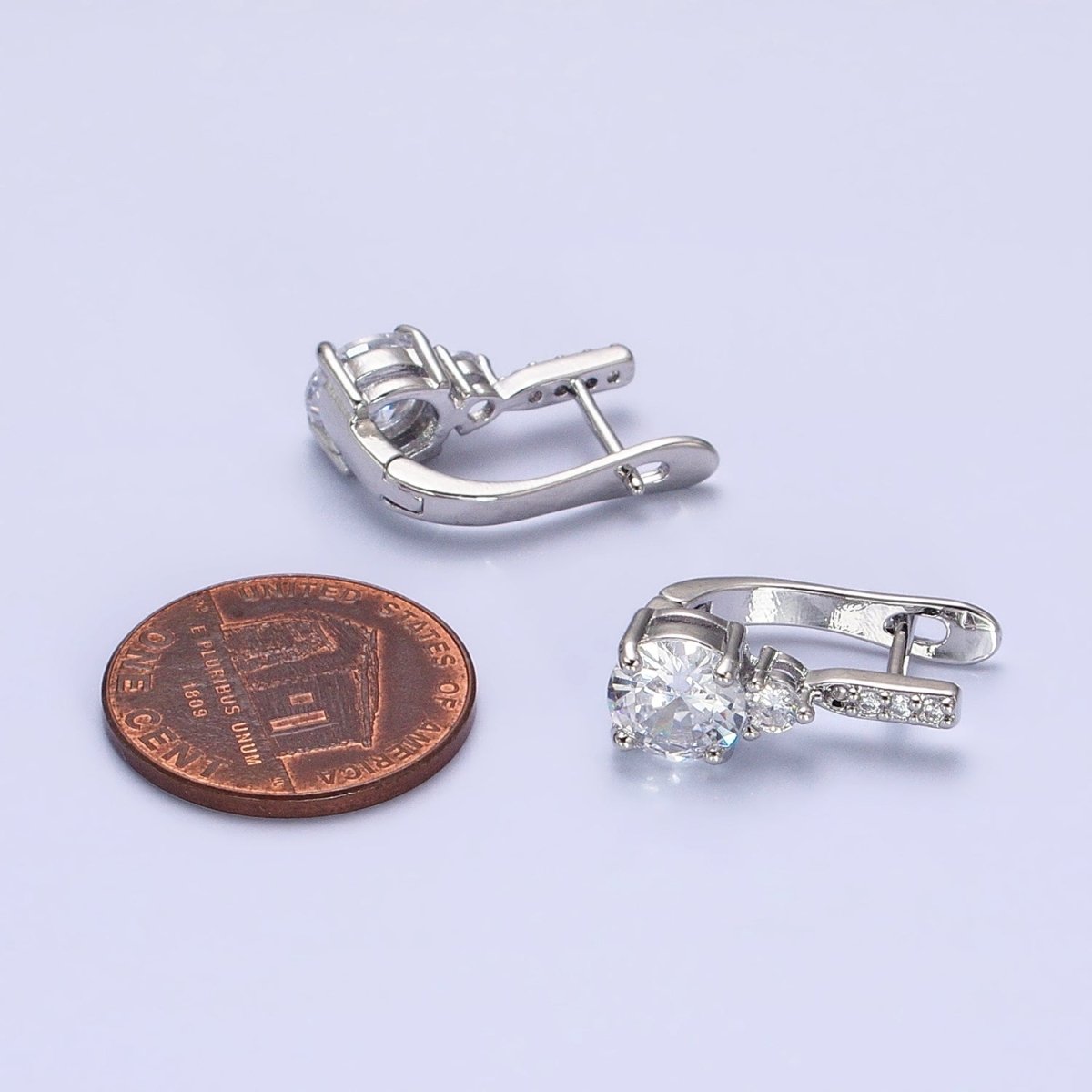 16K Gold Filled Clear Round CZ Micro Paved English Lock Earrings in Silver & Gold | AB653