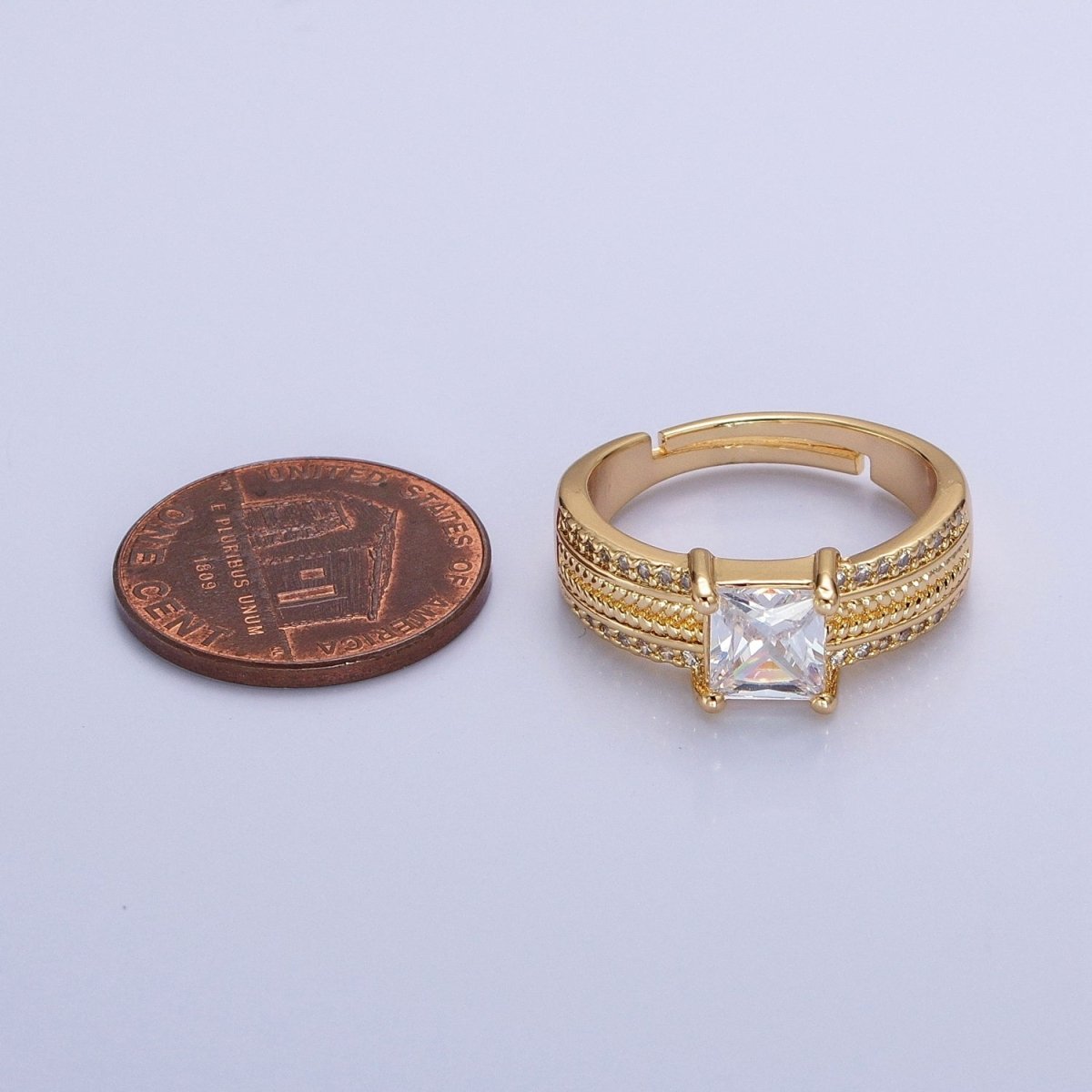 16K Gold Filled Clear Square CZ Curb Textured Band Ring in Gold & Silver  O-1918 O-1919