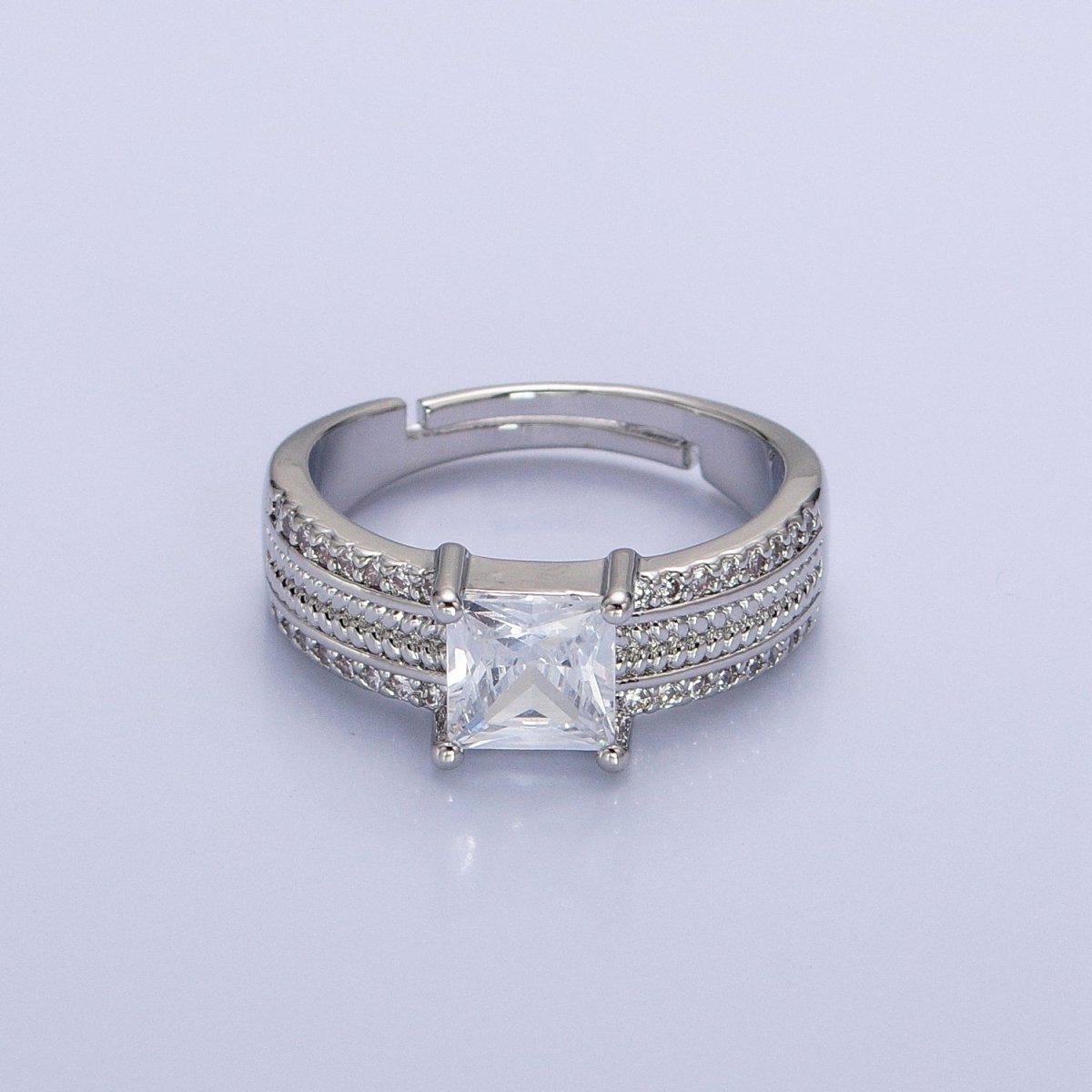 16K Gold Filled Clear Square CZ Curb Textured Band Ring in Gold & Silver  O-1918 O-1919