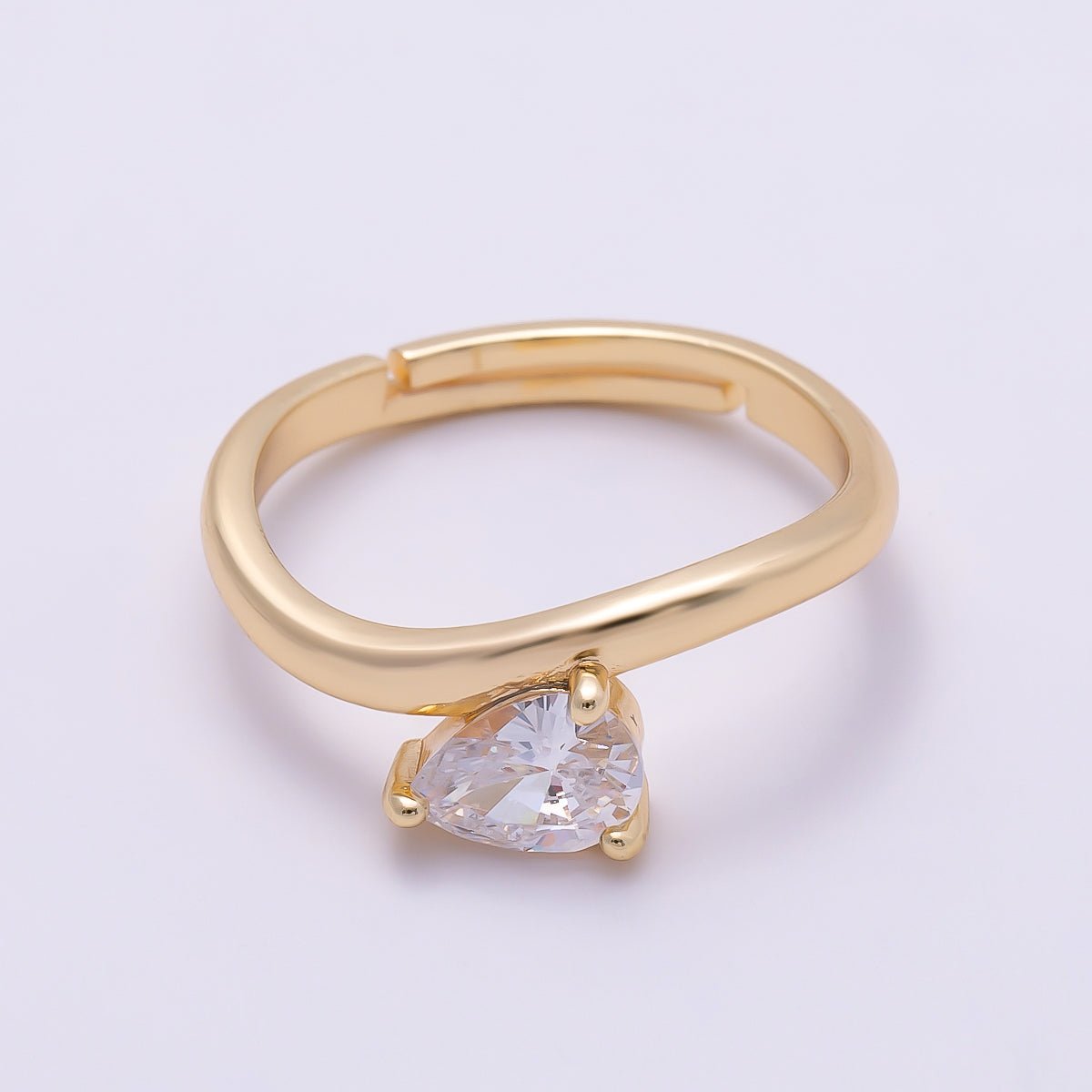16K Gold Filled Clear Teardrop CZ Solitaire Curved Ring in Gold & Silver | Rings-00130 Rings-00131