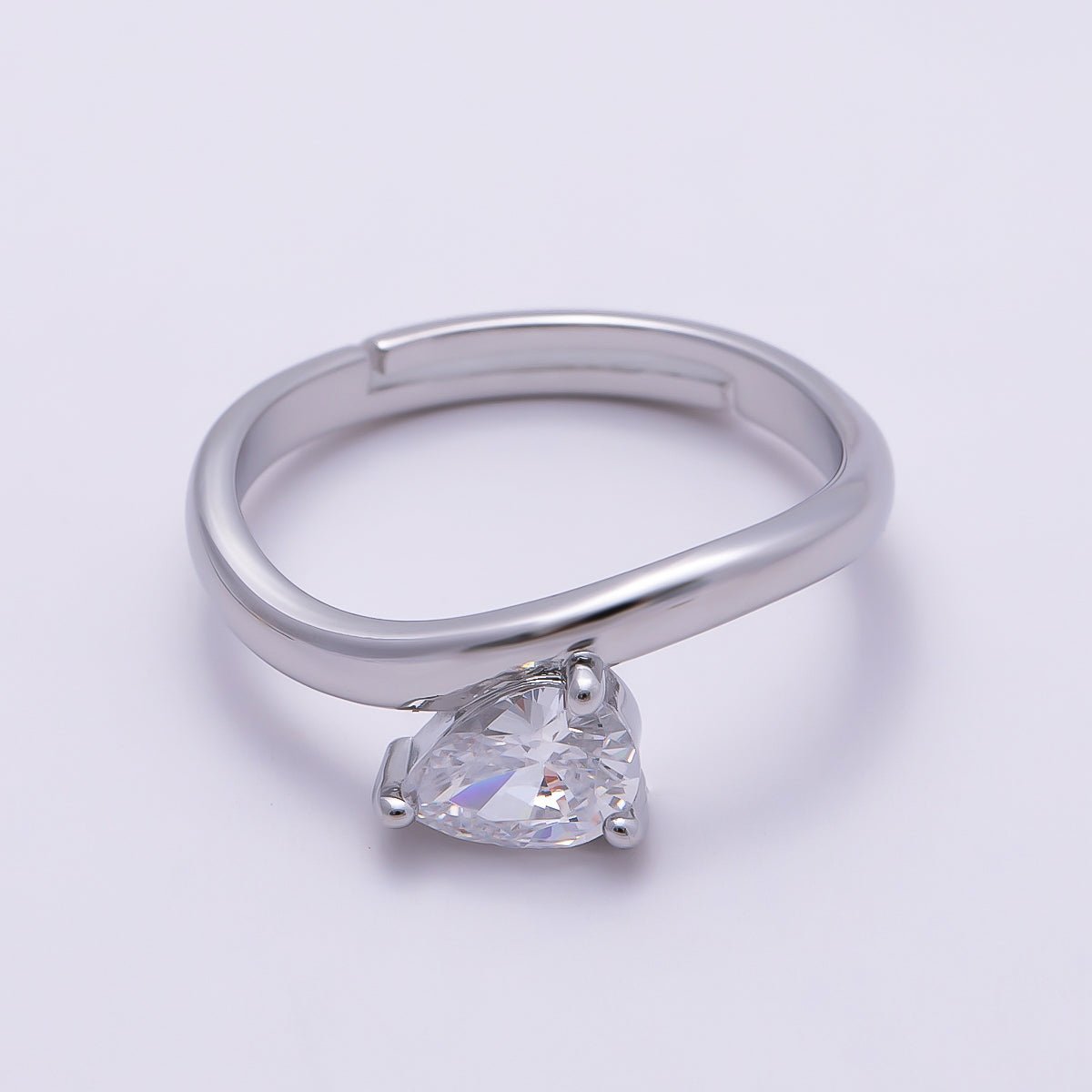 16K Gold Filled Clear Teardrop CZ Solitaire Curved Ring in Gold & Silver | Rings-00130 Rings-00131