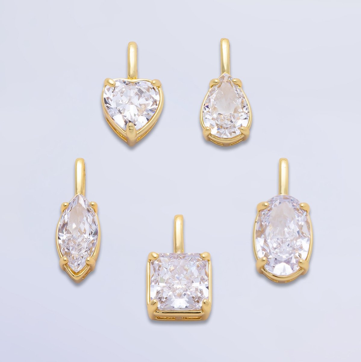 16K Gold Filled Clear Teardrop, Oval, Heart, Marquise, Square CZ Prongs Solitaire Pendant | Charms-00821 ~ Charms-00825
