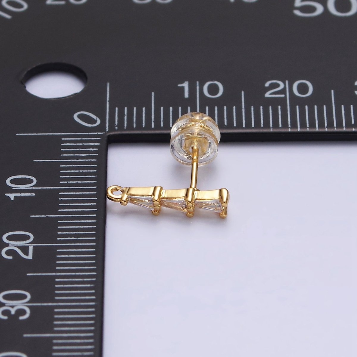 16K Gold Filled Clear Triple Triangle Baguette Linear Drop Open Loop Stud Earrings Supply in Gold & Silver | Z-419 Z-420