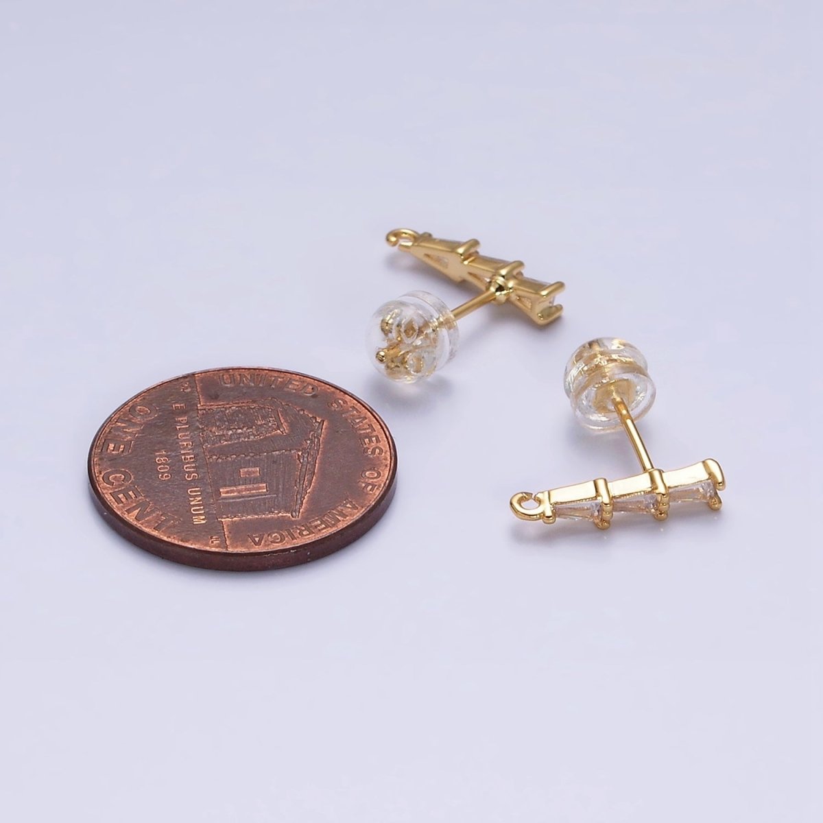 16K Gold Filled Clear Triple Triangle Baguette Linear Drop Open Loop Stud Earrings Supply in Gold & Silver | Z-419 Z-420