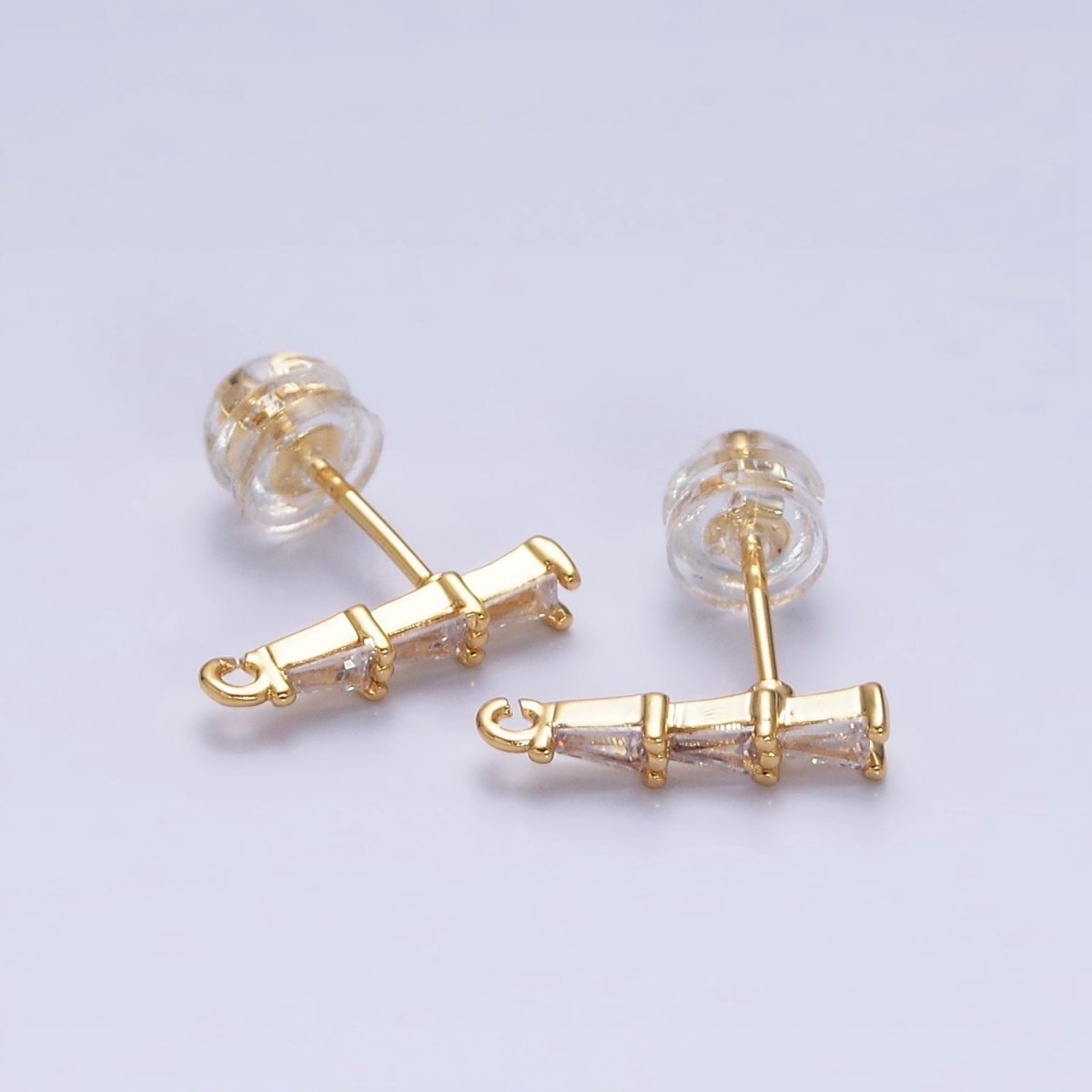 16K Gold Filled Clear Triple Triangle Baguette Linear Drop Open Loop Stud Earrings Supply in Gold & Silver | Z-419 Z-420