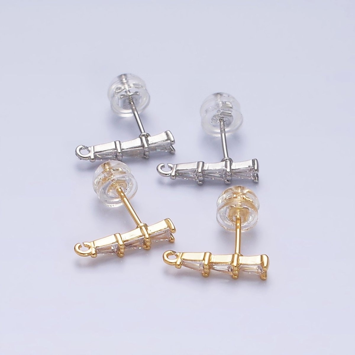 16K Gold Filled Clear Triple Triangle Baguette Linear Drop Open Loop Stud Earrings Supply in Gold & Silver | Z-419 Z-420