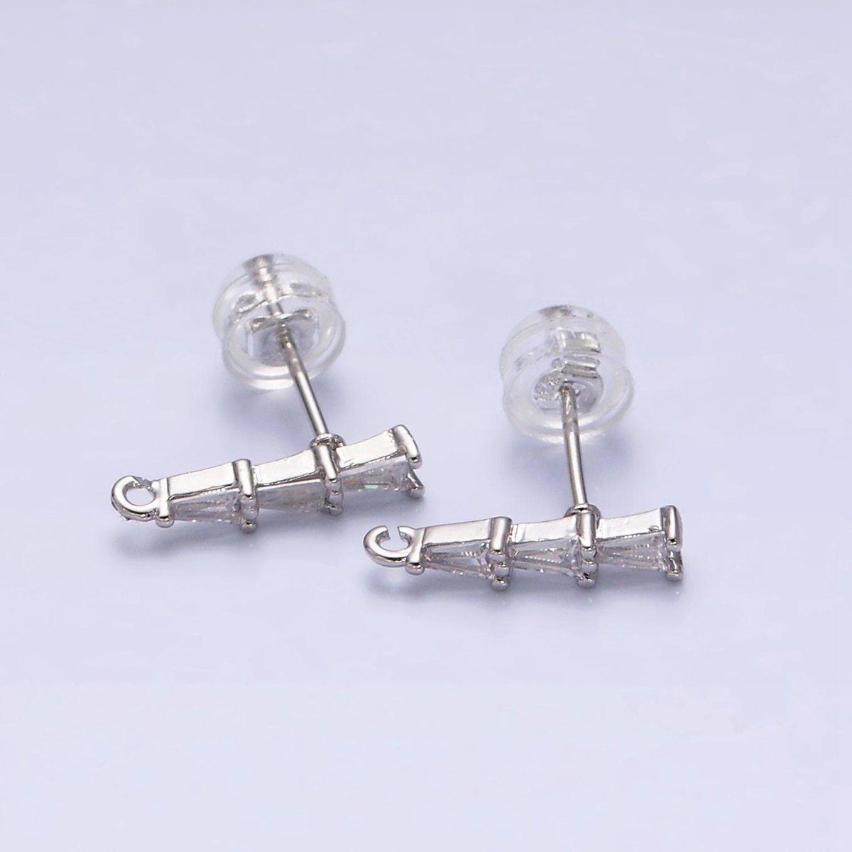 16K Gold Filled Clear Triple Triangle Baguette Linear Drop Open Loop Stud Earrings Supply in Gold & Silver | Z-419 Z-420