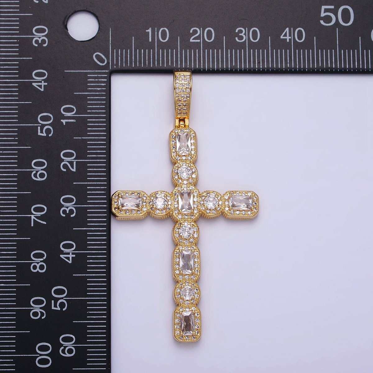 16K Gold Filled Cross Religious Clear Baguette Round CZ Micro Paved Pendant in Gold & Silver | AA-503 AA-504