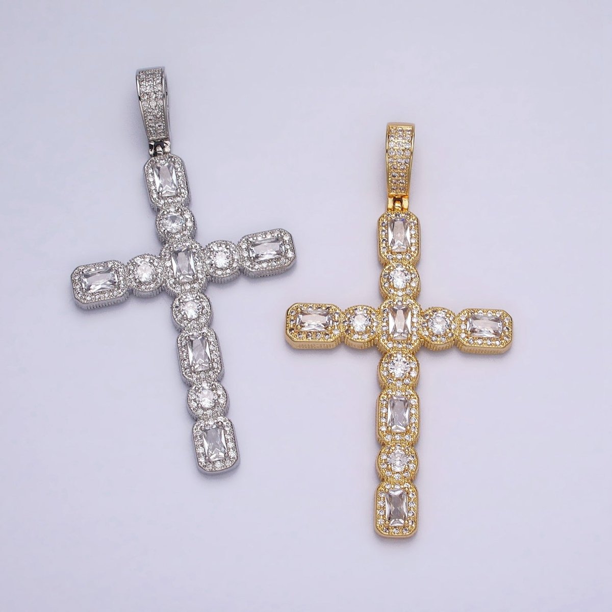 16K Gold Filled Cross Religious Clear Baguette Round CZ Micro Paved Pendant in Gold & Silver | AA-503 AA-504