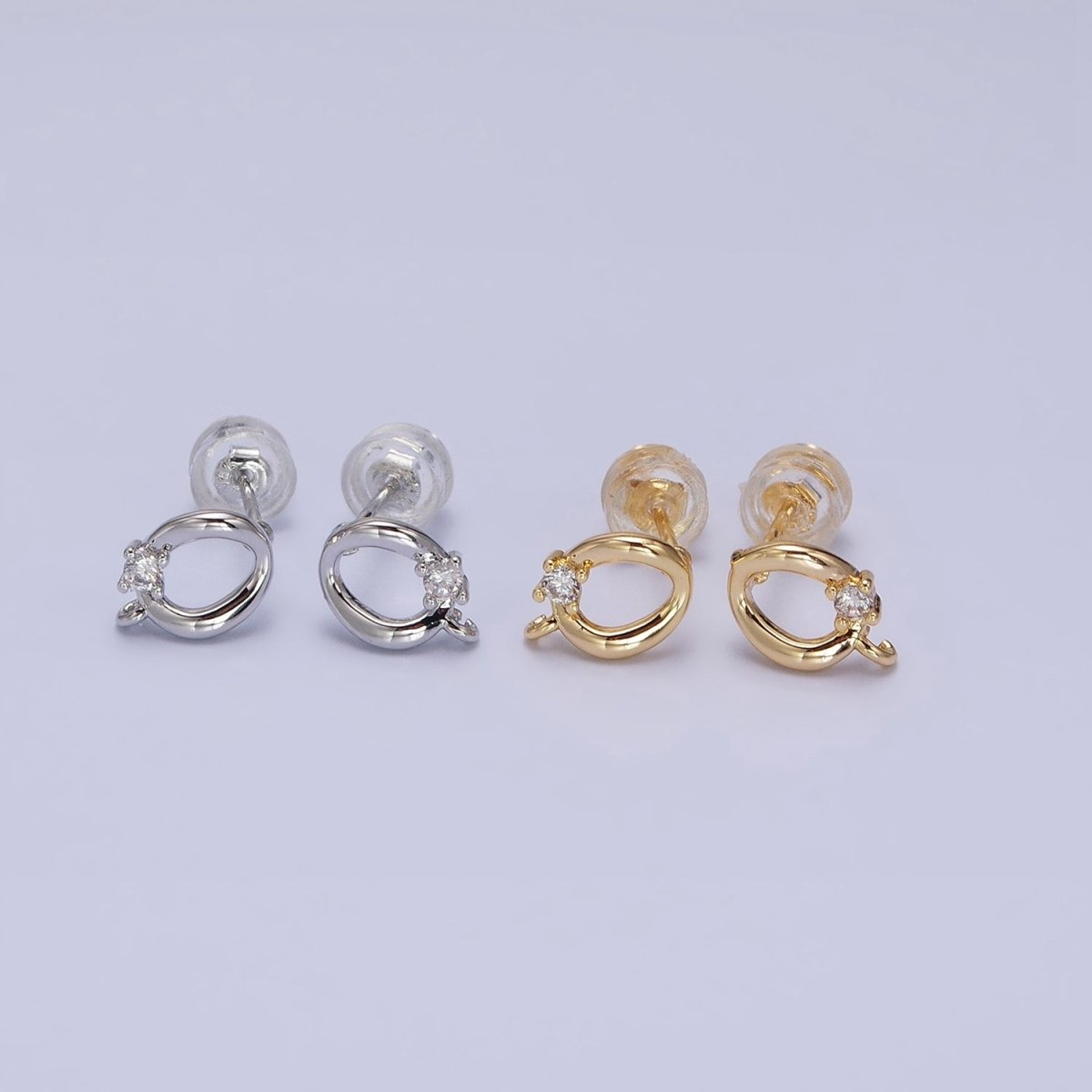 16K Gold Filled Curved Oval Round Clear CZ Open Loop Stud Earrings in Silver & Gold | Z-200 Z-212