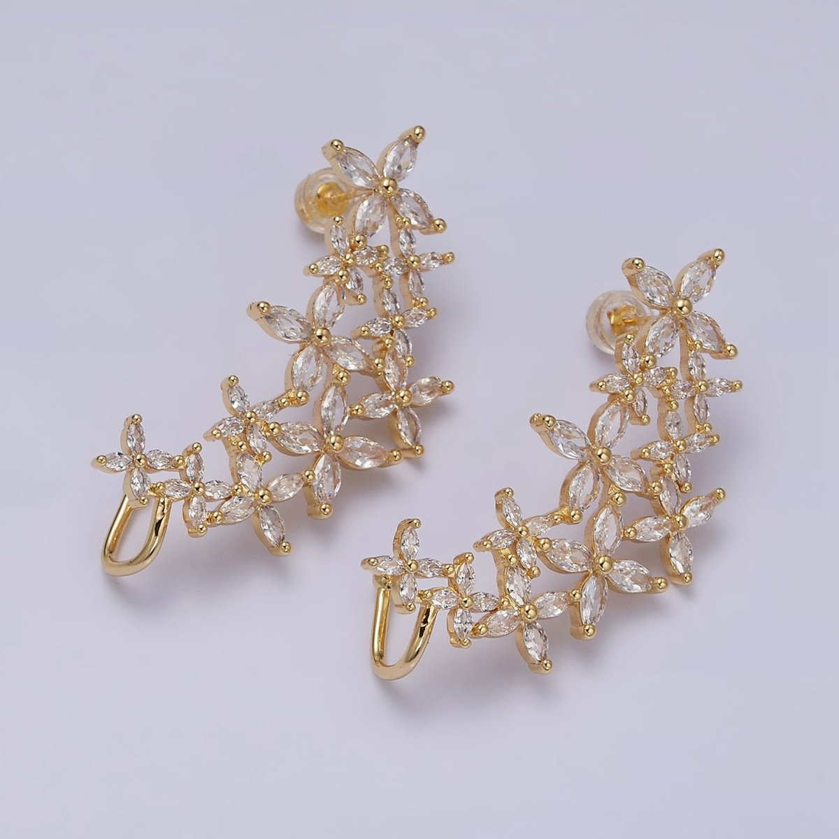 16K Gold Filled CZ Marquise Flower Butterfly Ear Cuff Stud Earrings in Gold & Silver | AD1143 AD1144