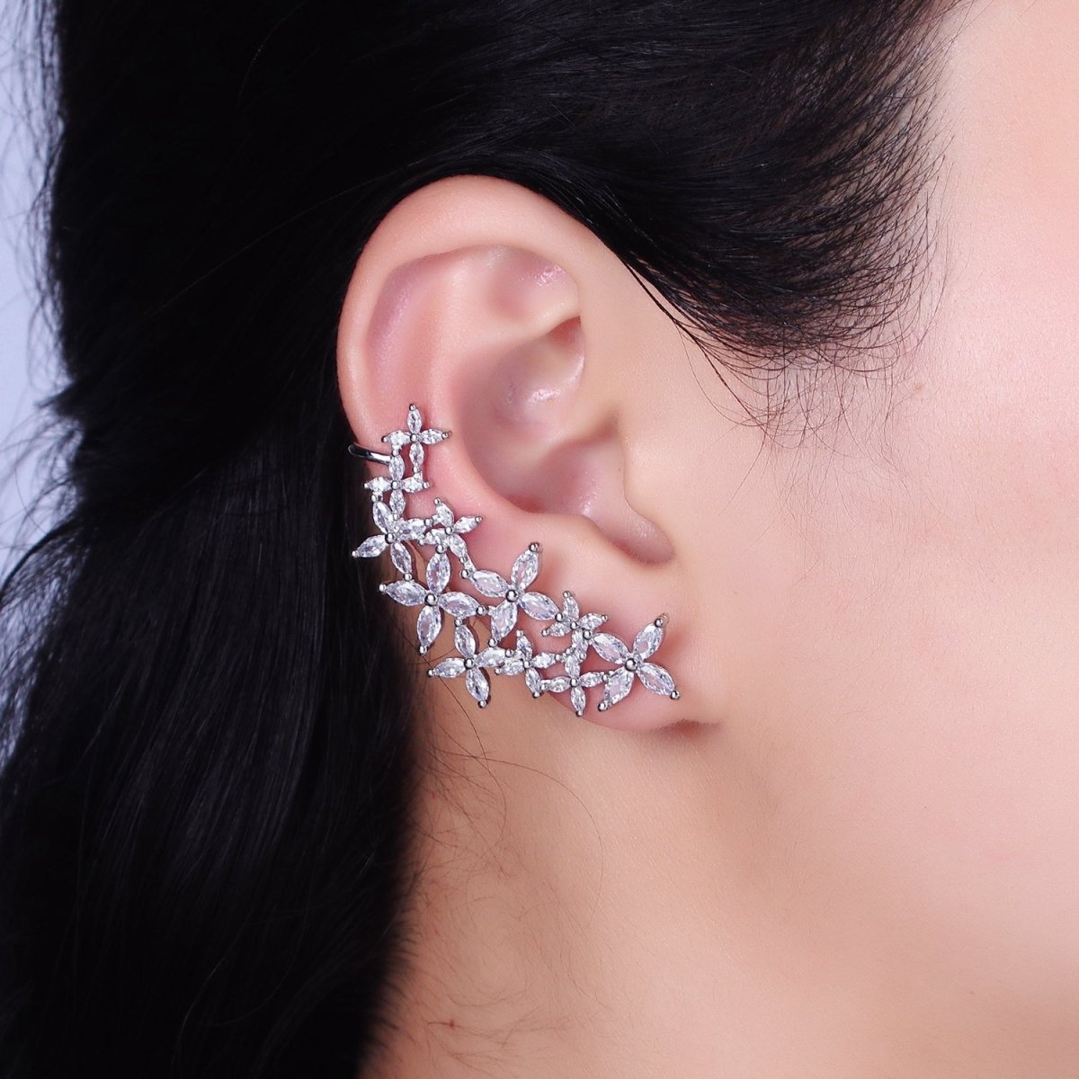 16K Gold Filled CZ Marquise Flower Butterfly Ear Cuff Stud Earrings in Gold & Silver | AD1143 AD1144