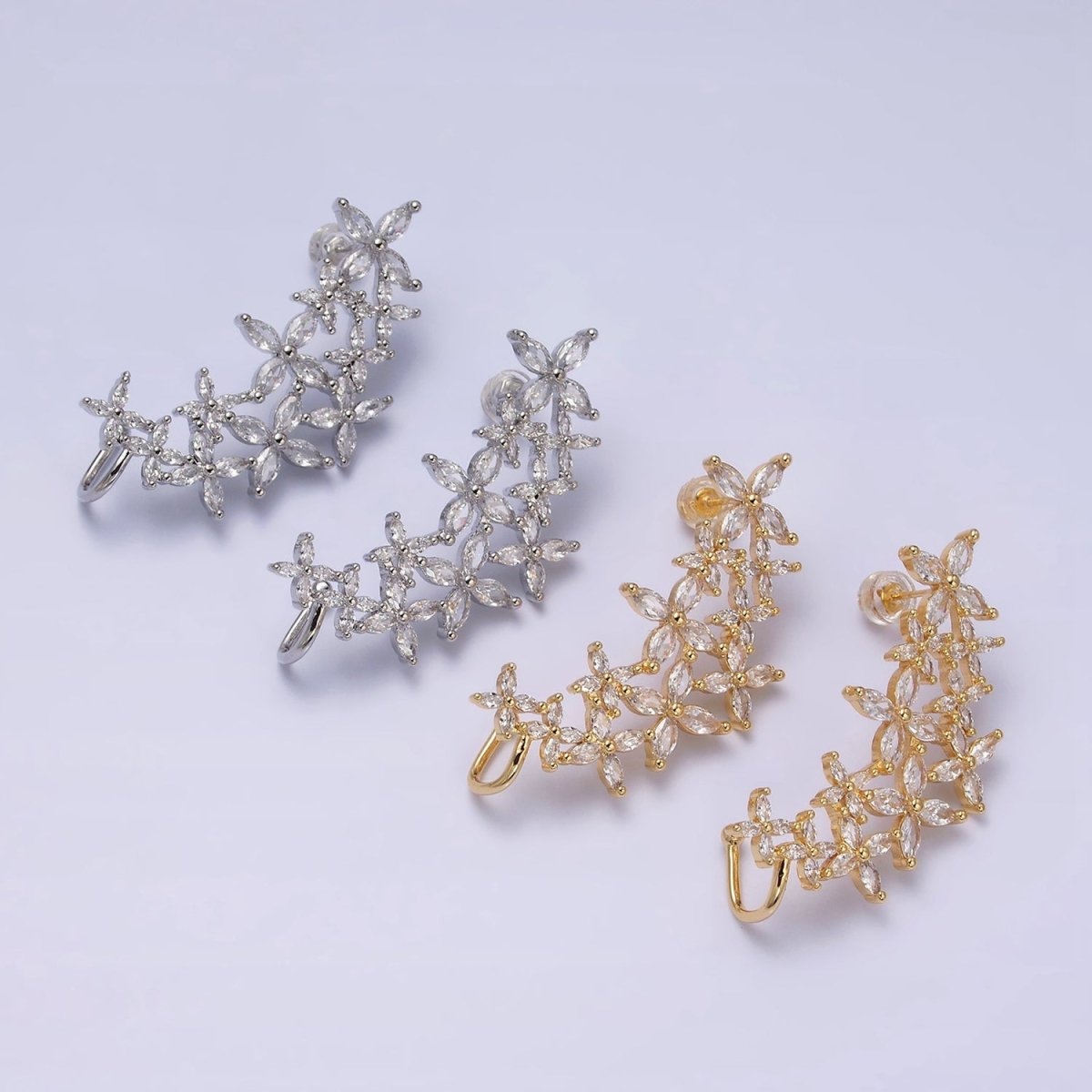16K Gold Filled CZ Marquise Flower Butterfly Ear Cuff Stud Earrings in Gold & Silver | AD1143 AD1144