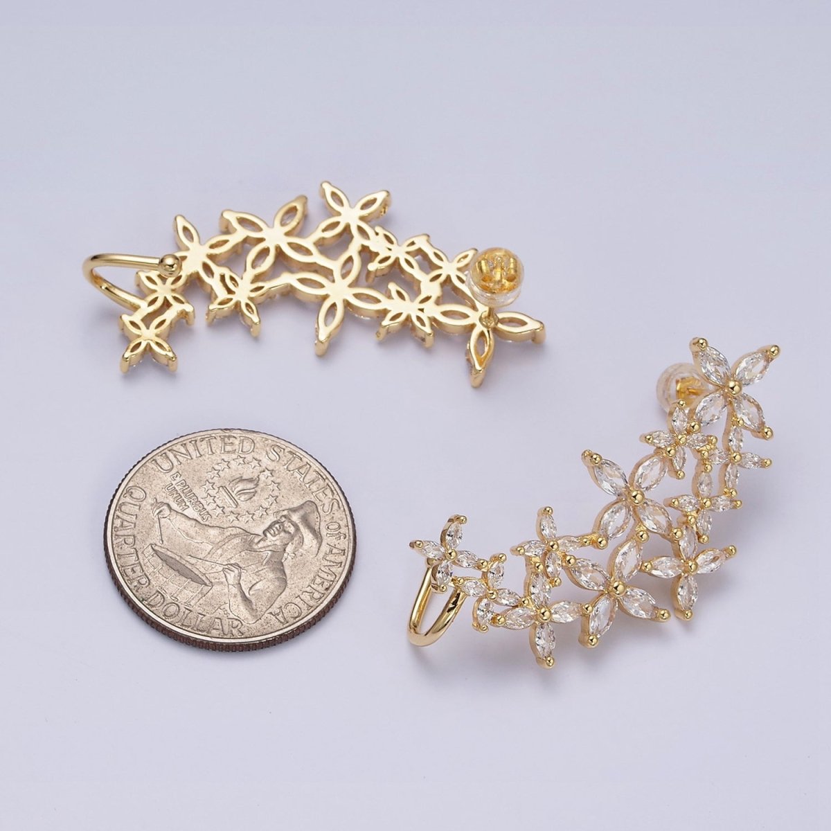 16K Gold Filled CZ Marquise Flower Butterfly Ear Cuff Stud Earrings in Gold & Silver | AD1143 AD1144