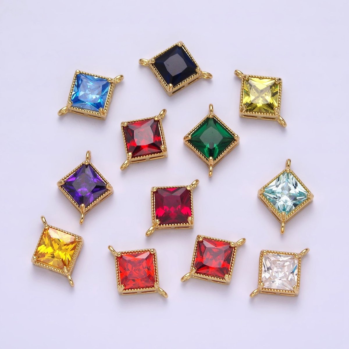 16K Gold Filled CZ Rhombus 17.7mm, 15mm Beaded Birth Month Personalized Connector | Y-710 ~ Y-721, Y-722 ~ Y-733
