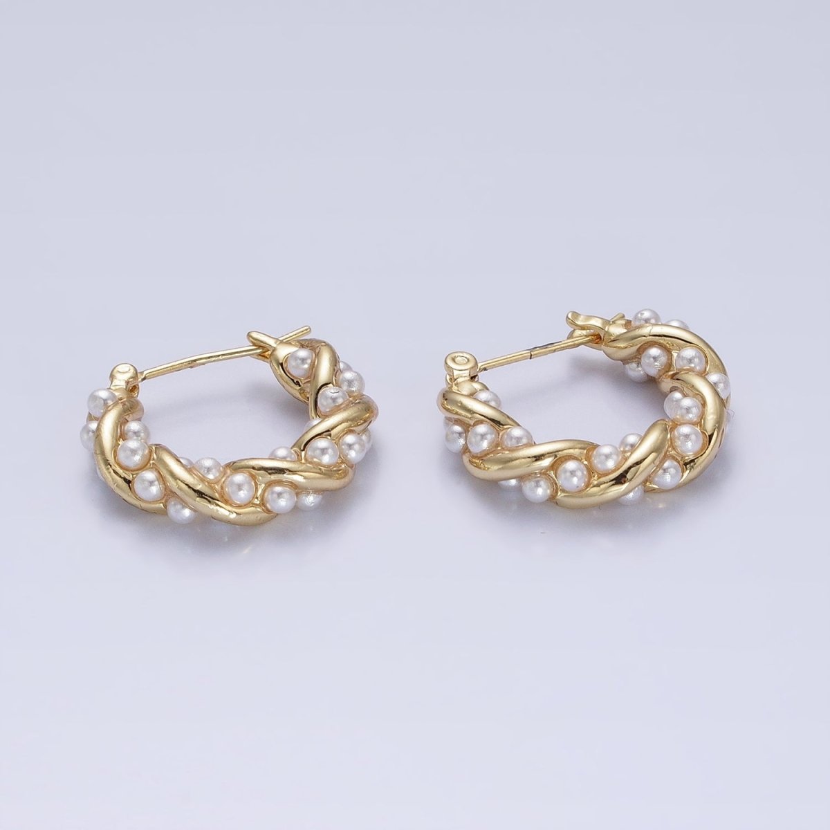 16K Gold Filled Dotted Pearl hoop Lined Croissant Latch Earrings in Gold & Silver | AB1430 AB1431