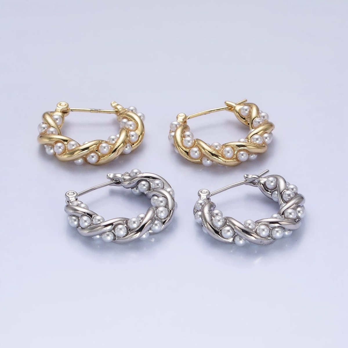 16K Gold Filled Dotted Pearl hoop Lined Croissant Latch Earrings in Gold & Silver | AB1430 AB1431