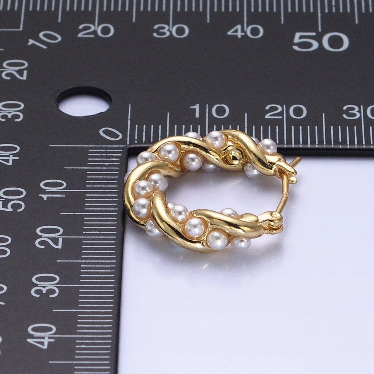 16K Gold Filled Dotted Pearl hoop Lined Croissant Latch Earrings in Gold & Silver | AB1430 AB1431