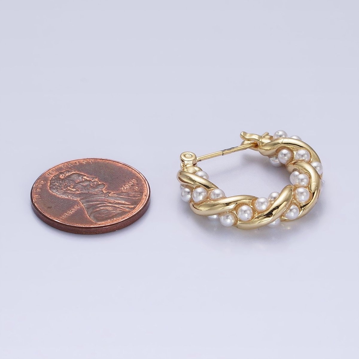 16K Gold Filled Dotted Pearl hoop Lined Croissant Latch Earrings in Gold & Silver | AB1430 AB1431