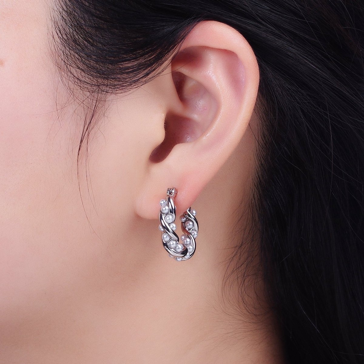 16K Gold Filled Dotted Pearl hoop Lined Croissant Latch Earrings in Gold & Silver | AB1430 AB1431