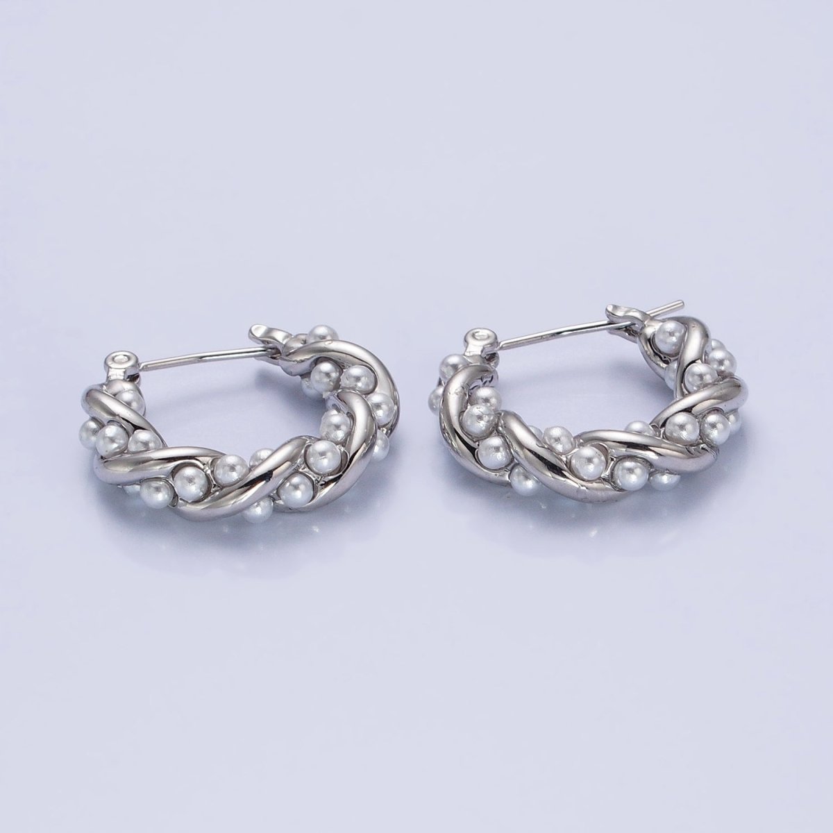 16K Gold Filled Dotted Pearl hoop Lined Croissant Latch Earrings in Gold & Silver | AB1430 AB1431