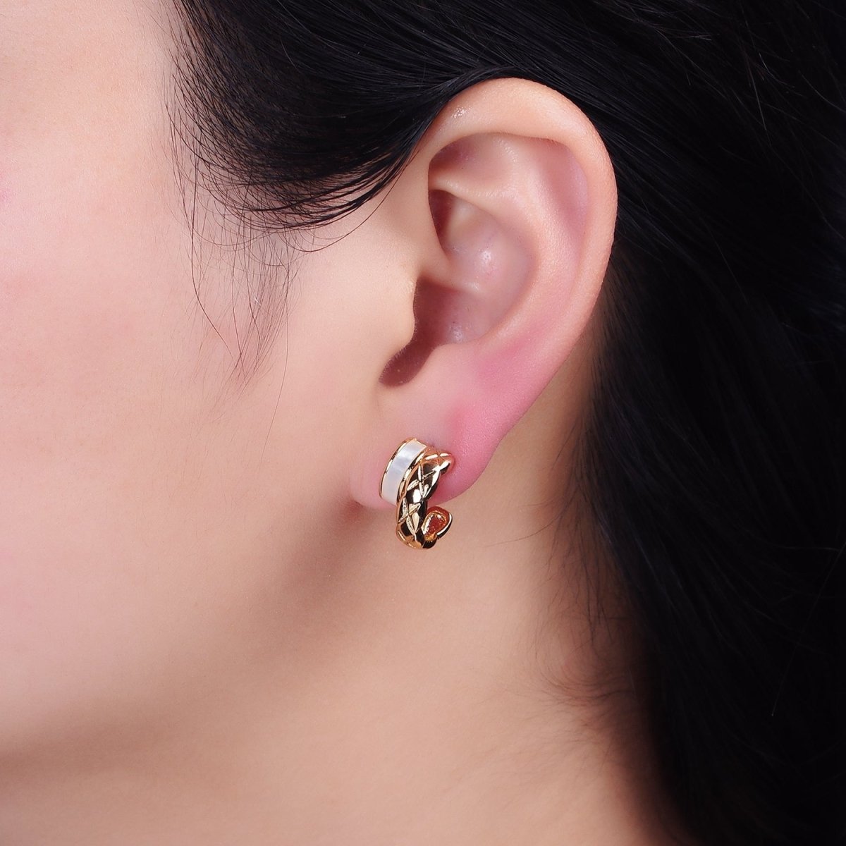 16K Gold Filled Double Band Quilted X Cross Pearl Lied C-Shaped Hoop Earrings in Gold & Silver | AD986 AD987