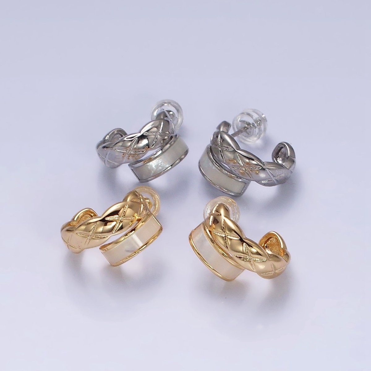 16K Gold Filled Double Band Quilted X Cross Pearl Lied C-Shaped Hoop Earrings in Gold & Silver | AD986 AD987