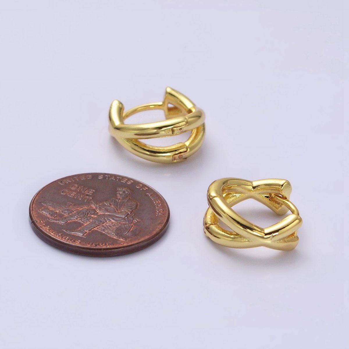16K Gold Filled Double Band X Claw 12.5mm Huggie Earrings | AD410