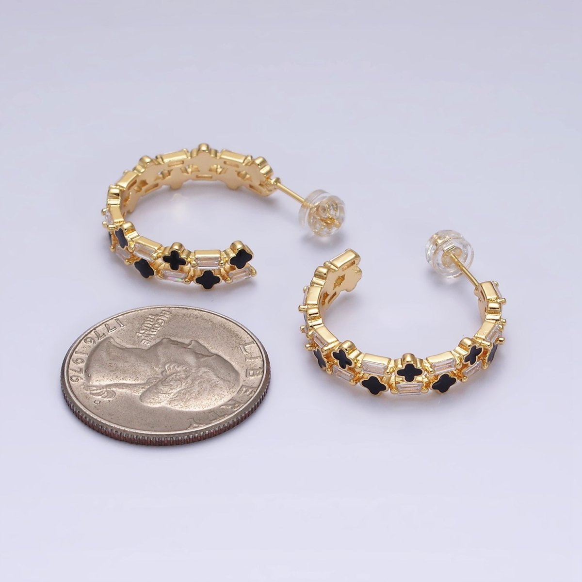 16K Gold Filled Double Black Quatrefoil Clover Clear Baguette C-Shaped Hoop Earrings in Silver | AD-338