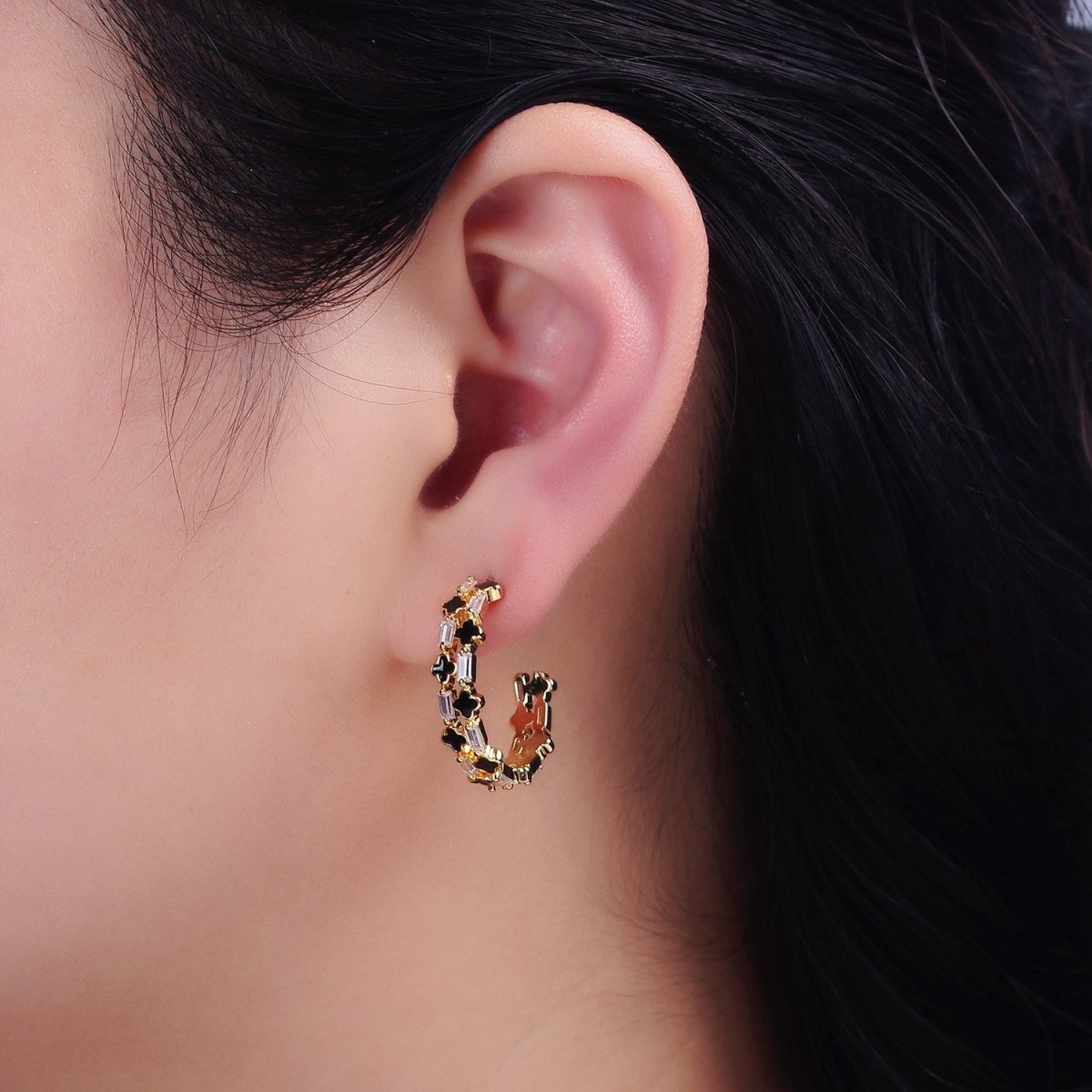 16K Gold Filled Double Black Quatrefoil Clover Clear Baguette C-Shaped Hoop Earrings in Silver | AD-338
