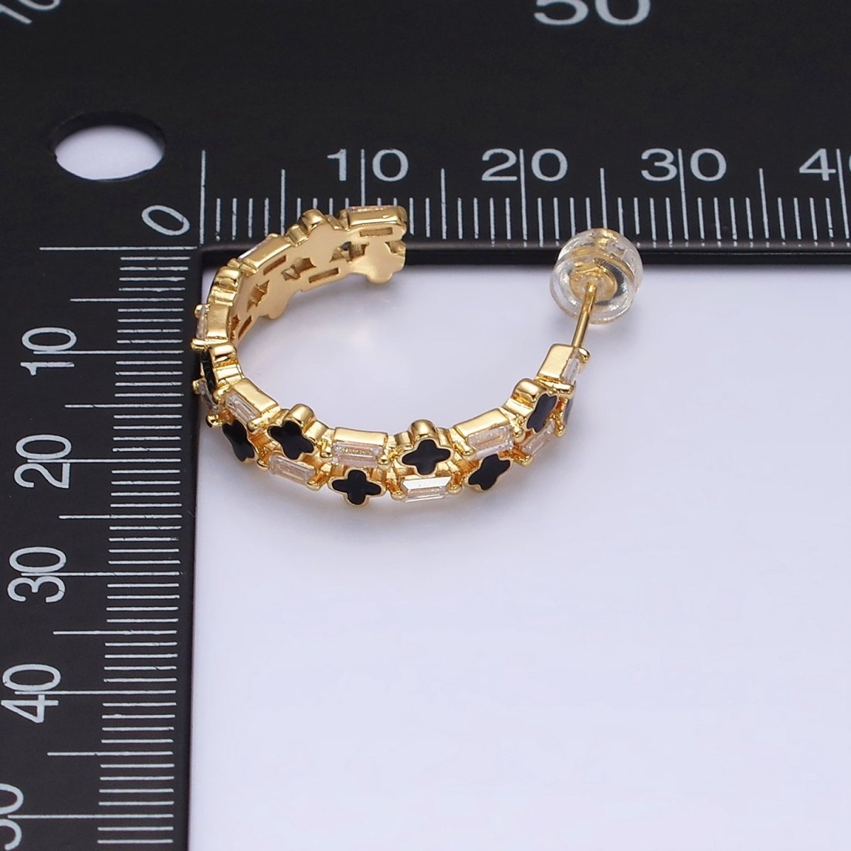 16K Gold Filled Double Black Quatrefoil Clover Clear Baguette C-Shaped Hoop Earrings in Silver | AD-338