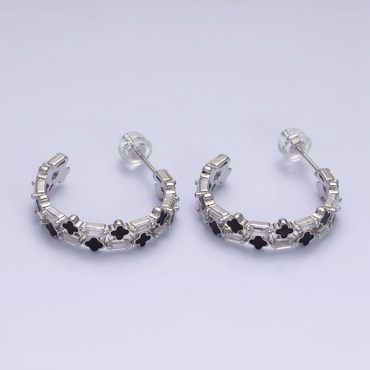 16K Gold Filled Double Black Quatrefoil Clover Clear Baguette C-Shaped Hoop Earrings in Silver | AD-338