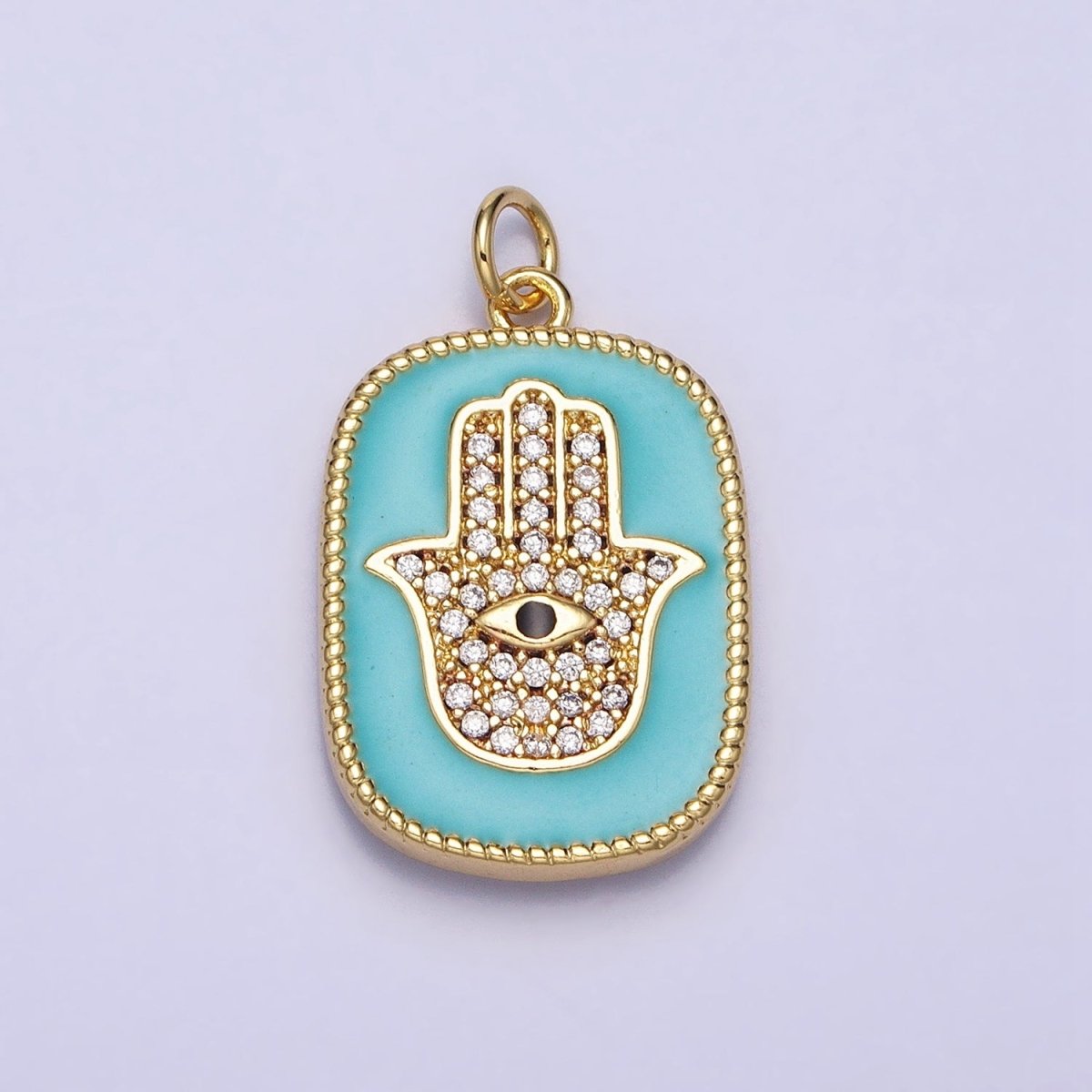 16K Gold Filled Double Sided Micro Paved CZ Hamsa Hand Evil Eye Turquoise Enamel Tag Charm | AC953