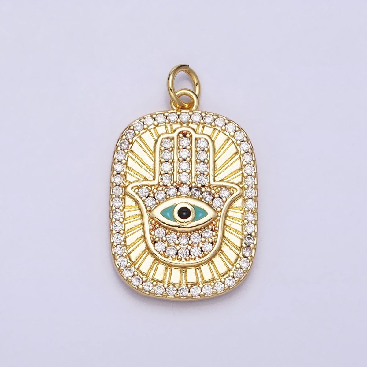 16K Gold Filled Double Sided Micro Paved CZ Hamsa Hand Evil Eye Turquoise Enamel Tag Charm | AC953