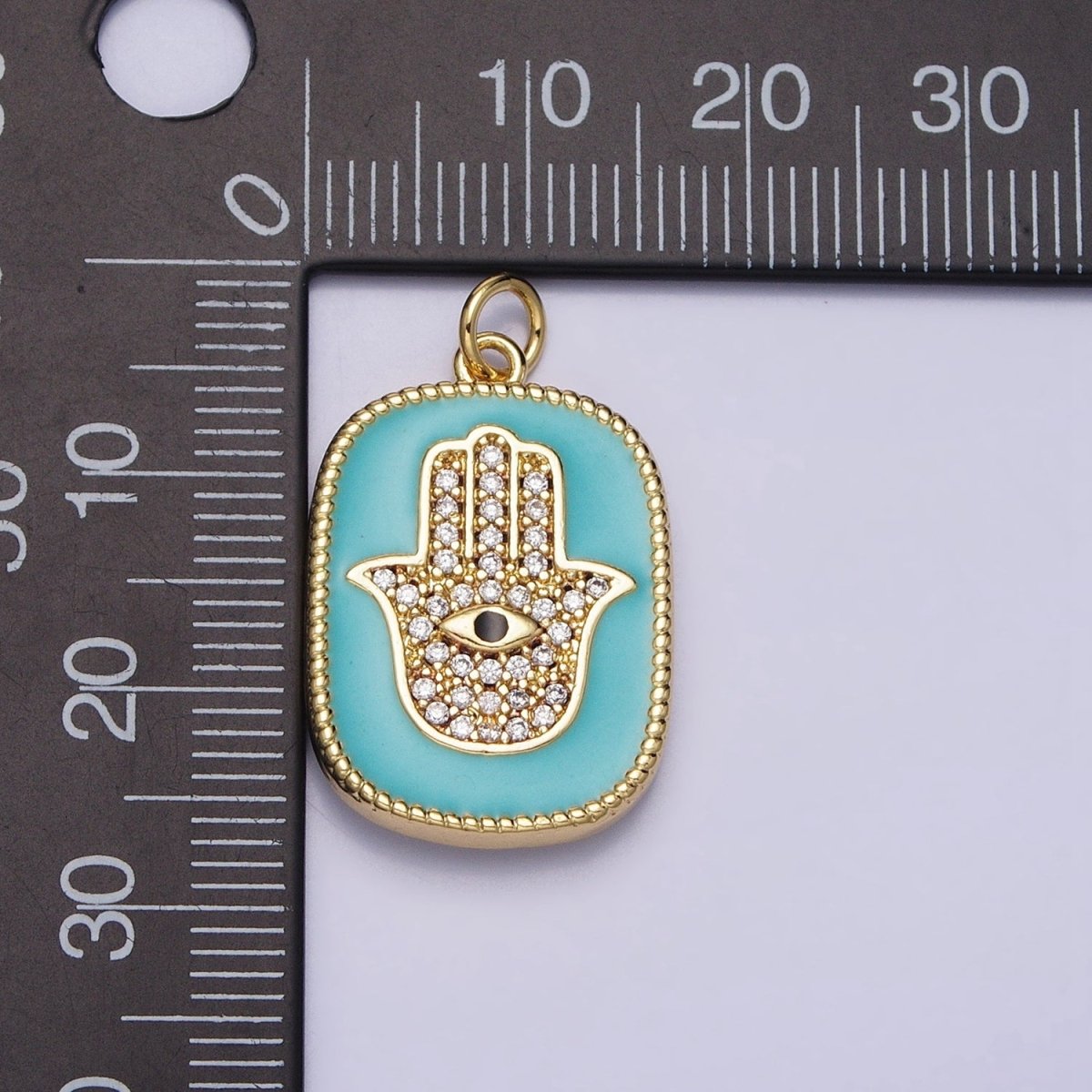 16K Gold Filled Double Sided Micro Paved CZ Hamsa Hand Evil Eye Turquoise Enamel Tag Charm | AC953