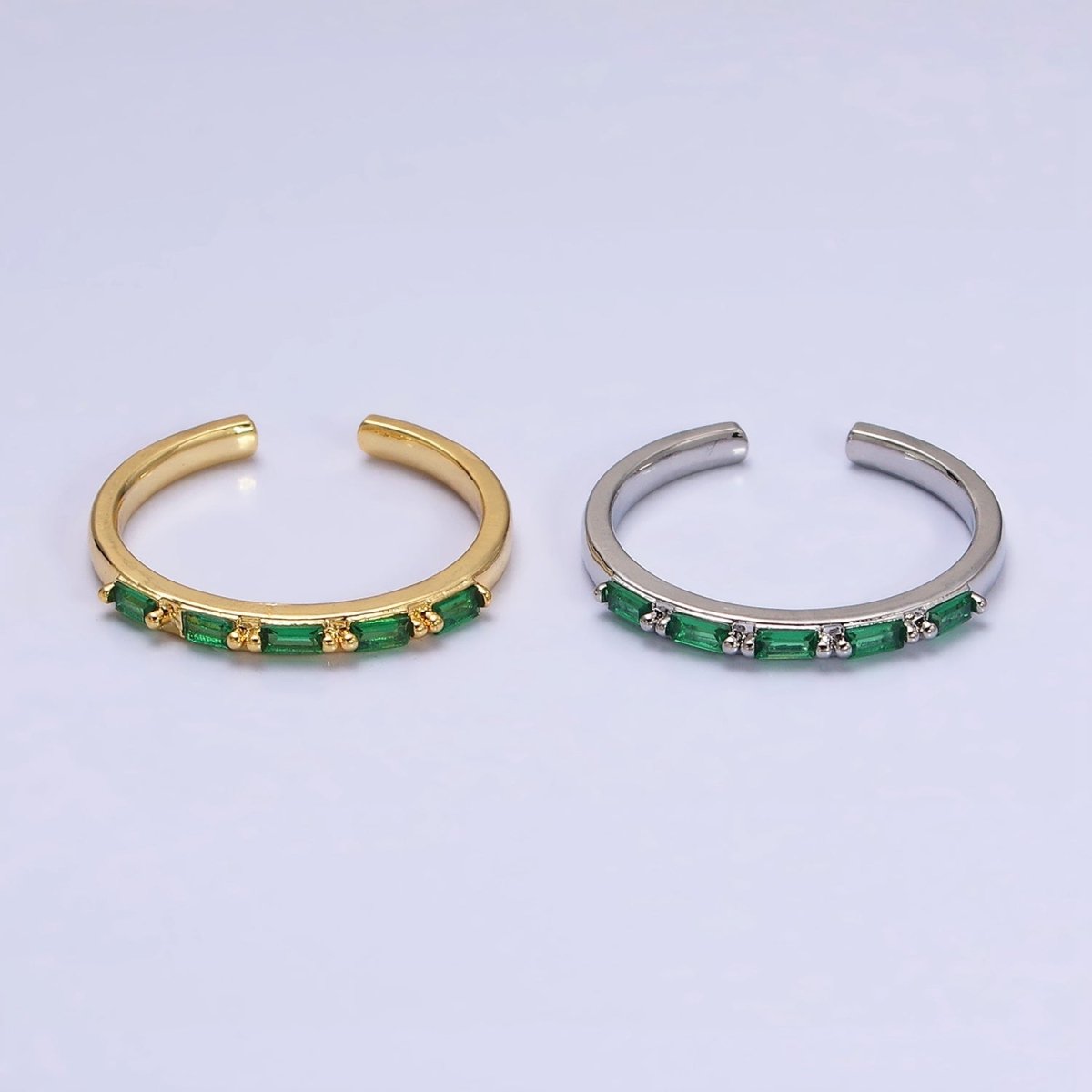 16K Gold Filled Emerald Green Baguette Lined CZ Adjustable Ring in Gold & Silver | O-1593 O-1594