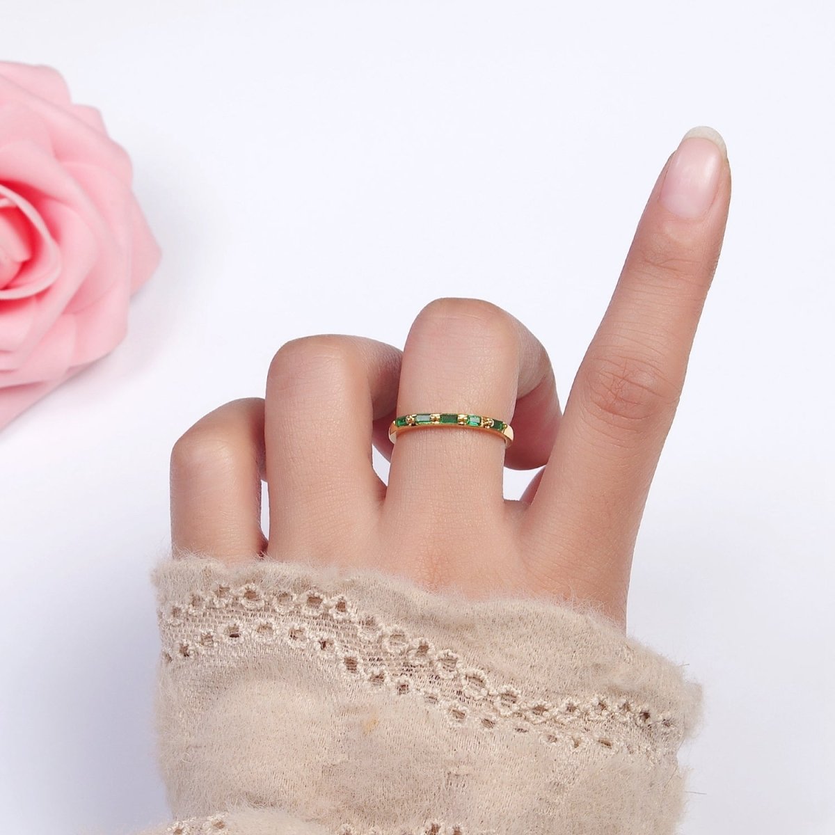 16K Gold Filled Emerald Green Baguette Lined CZ Adjustable Ring in Gold & Silver | O-1593 O-1594