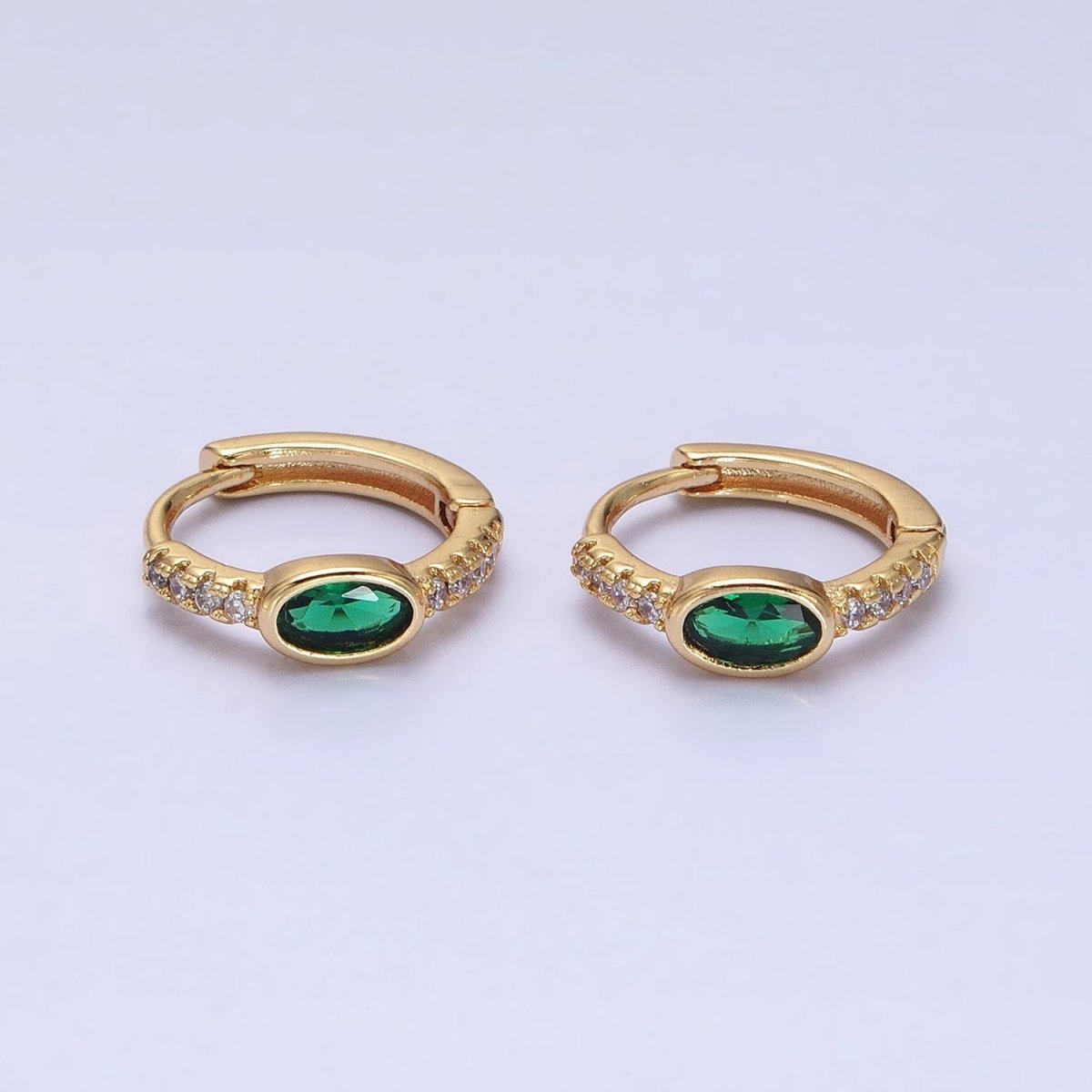 16K Gold Filled Emerald Green Oval Micro Paved CZ 13mm Huggie Earring in Gold & Silver | AD865 AD866