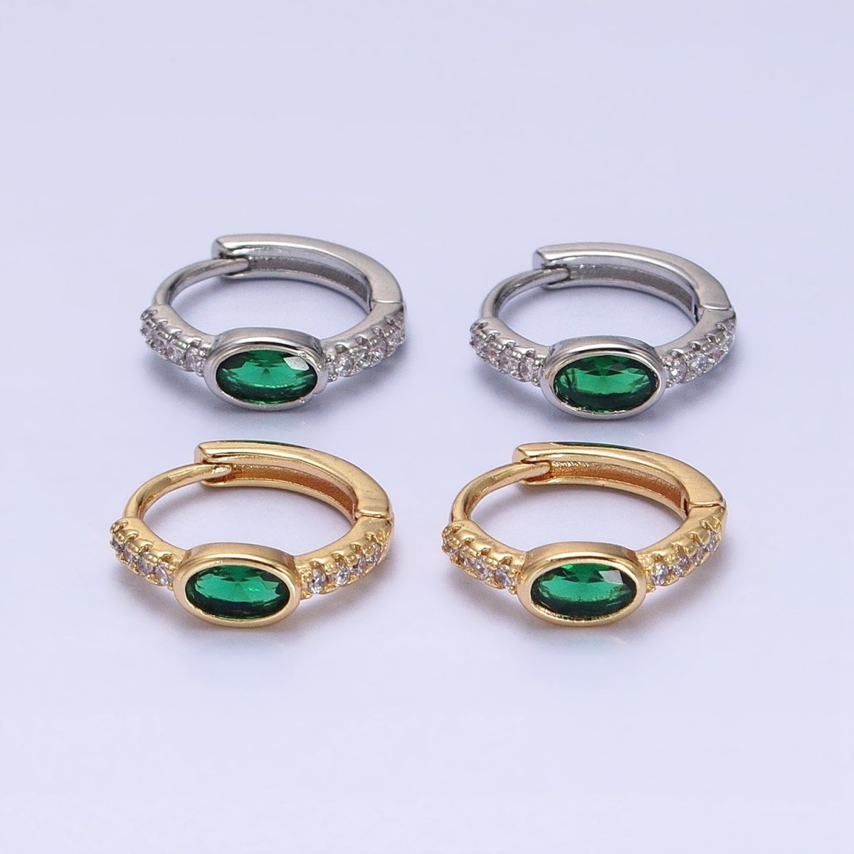 16K Gold Filled Emerald Green Oval Micro Paved CZ 13mm Huggie Earring in Gold & Silver | AD865 AD866