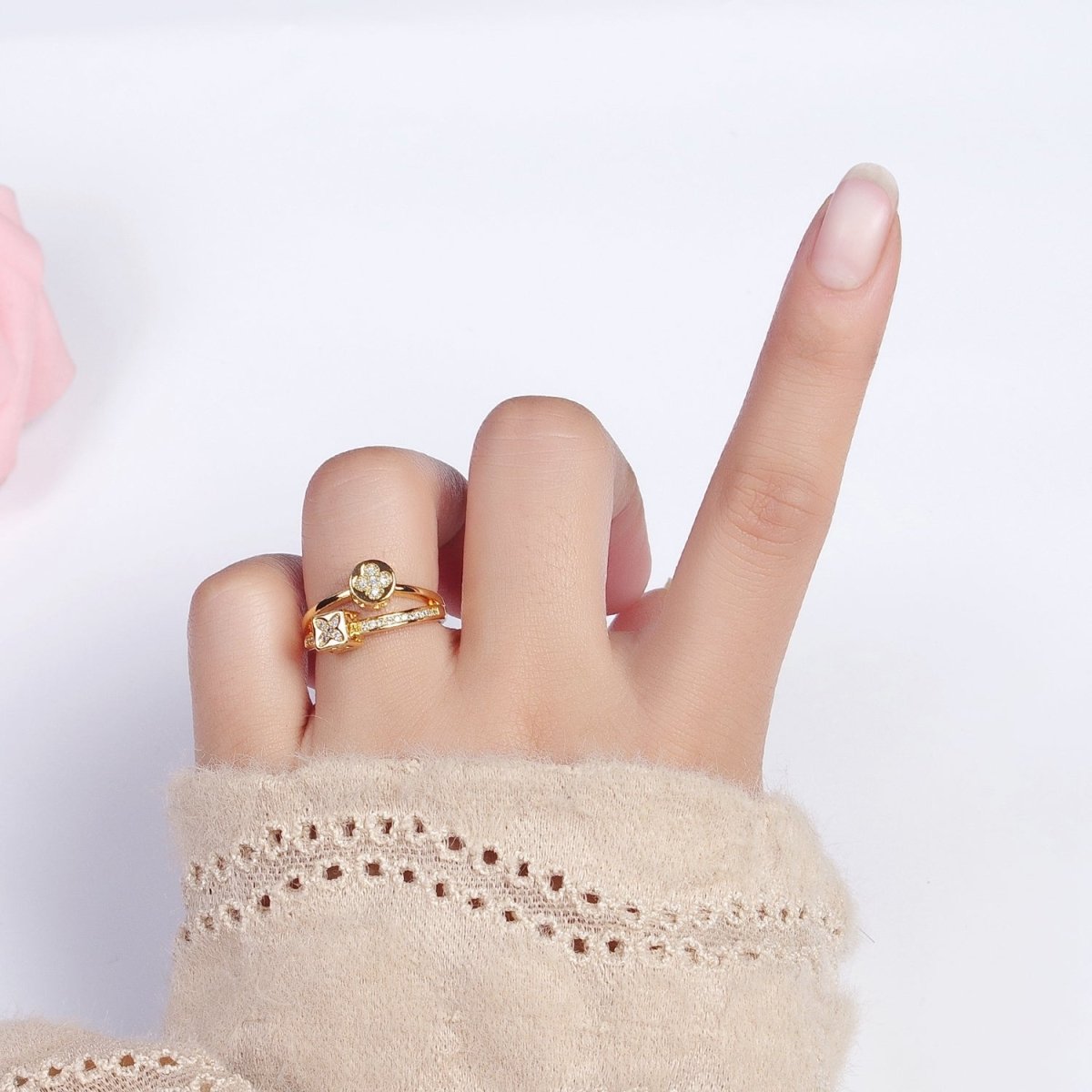 16K Gold Filled Flower Clover Quatrefoil Bead Double Band Micro Paved CZ Ring in Gold & Silver | O-1615 O-1616