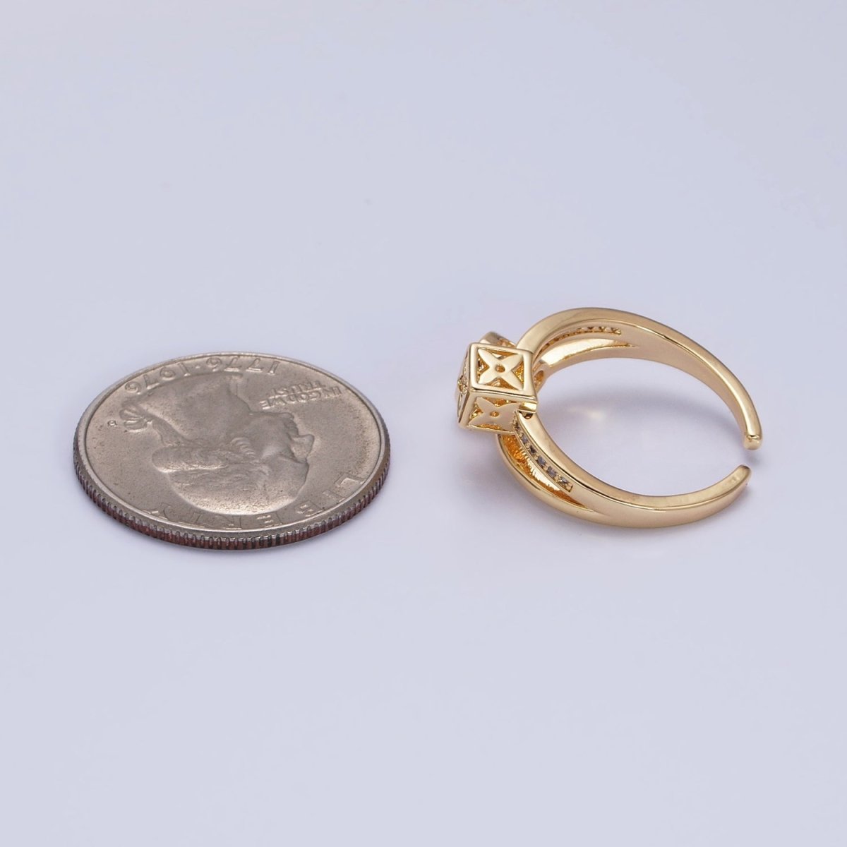 16K Gold Filled Flower Clover Quatrefoil Bead Double Band Micro Paved CZ Ring in Gold & Silver | O-1615 O-1616