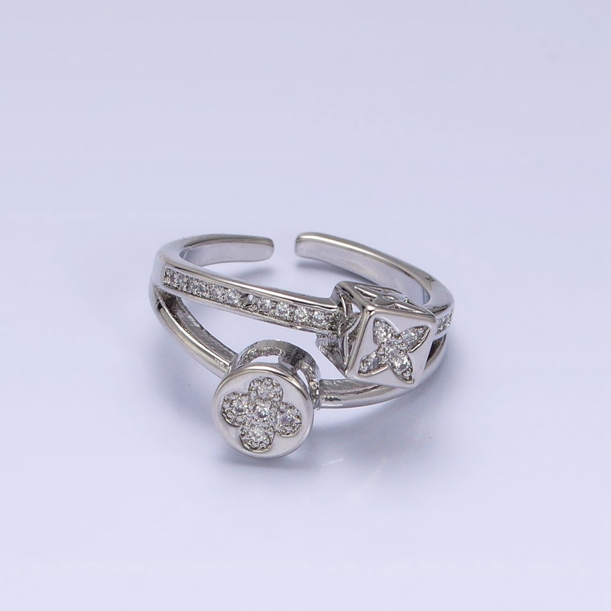 16K Gold Filled Flower Clover Quatrefoil Bead Double Band Micro Paved CZ Ring in Gold & Silver | O-1615 O-1616